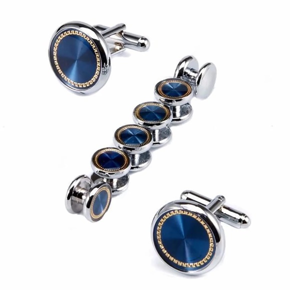 Elegant Royal Blue Gold Outlined Round Cufflinks Tuxedo Studs Formal 8 Pcs Set - Picture 3 of 16